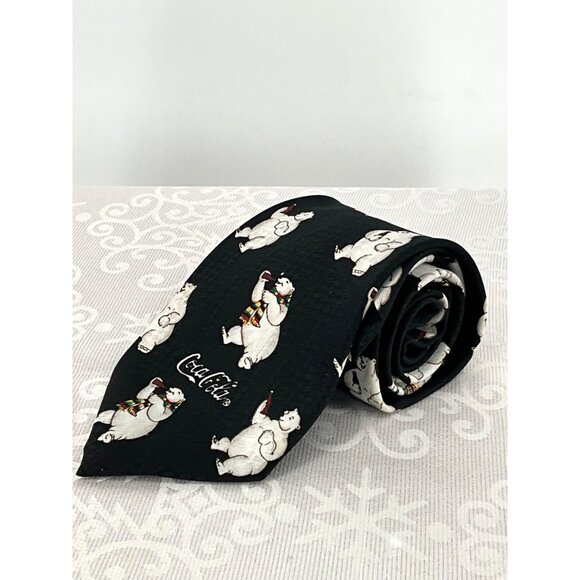 Vintage Coca-Cola Polar Bear Tie Black Novelty Neckwear Made In USA 100% Polyest - Picture 2 of 7